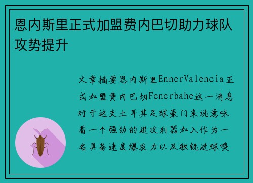 恩内斯里正式加盟费内巴切助力球队攻势提升